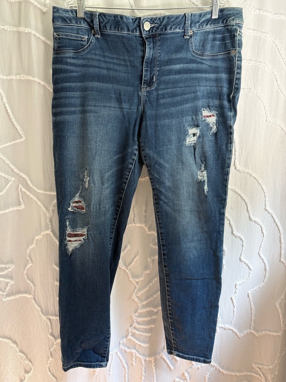 Maurices 18W Distressed Skinny Jeans Plaid Patch Medium Wash